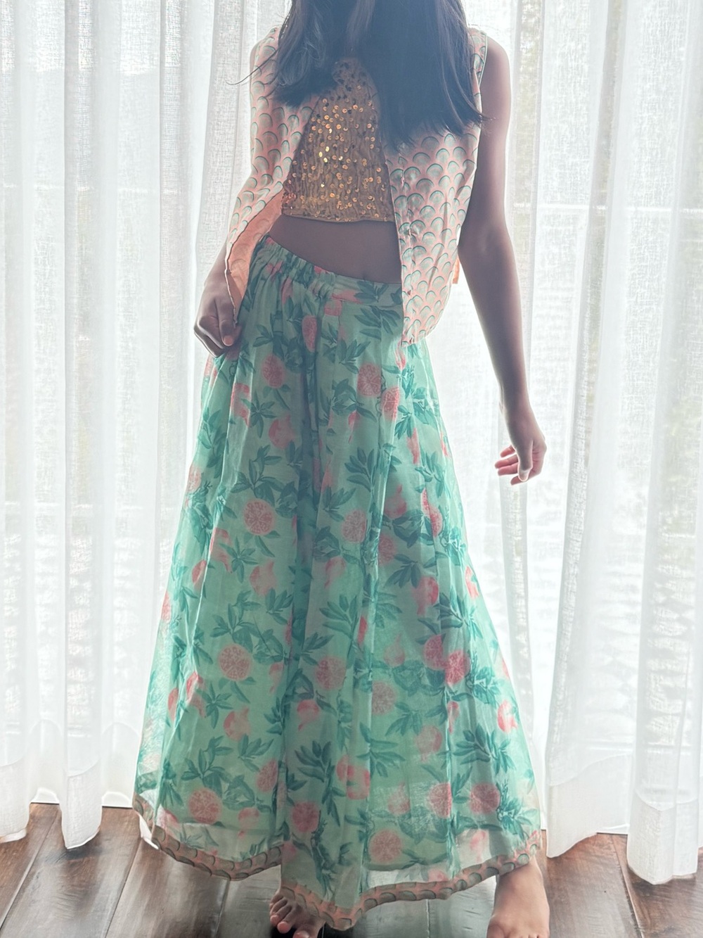 Girls Floral Mint Green Lengha Skirt with Vest (size 10 years)